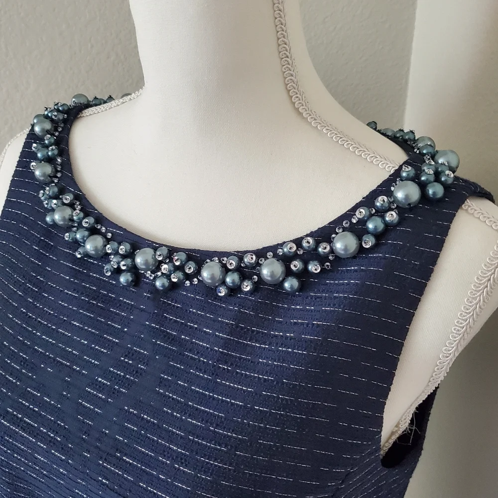 Tahari ASL Navy Blue Beaded Neckline Fit & Flare Dress Metallic Cocktail Size 4 - Picture 2 of 9